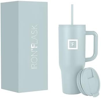 IRON °FLASK Co-Pilot 40 oz Insulated Tumbler w/Straw & Flip Cap Lids – Cup Holder Bottle for Hot, Cold Drink – Leak-Proof – Water, Coffee Portable Travel Mug – Valentines Day Gifts – A Morning Mist