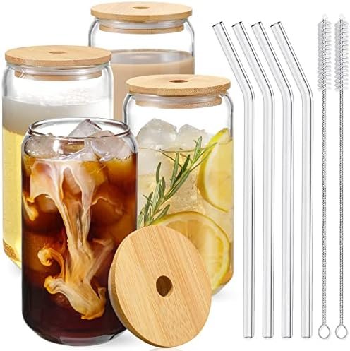 Drinking Glasses with Bamboo Lids and Glass Straw 4pcs Set – 16oz Can Shaped Cups, Beer Glasses, Iced Coffee Cute Tumbler Cup, Ideal for Cocktail, Whiskey, Gift 2 Cleaning Brushes