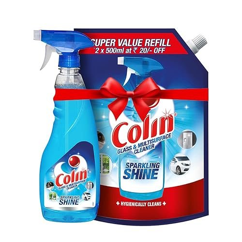 Colin 1 Litre Refill + 500ml Spray, Glass and Surface Cleaner Liquid |Glass Cleaner for Car, Kitchen and Home Surfaces | Multi Surface Cleaner