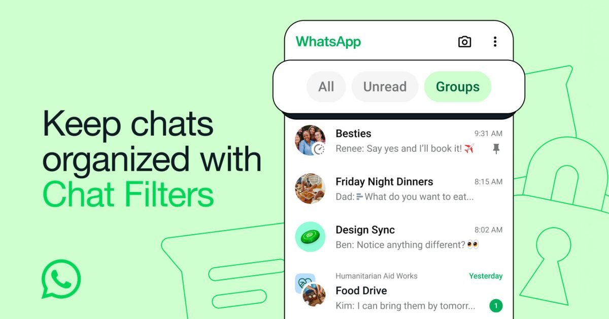 WhatsApp chat filters separate unread messages, and groups